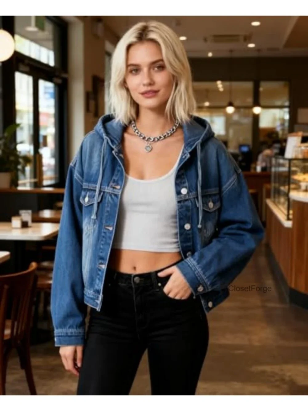 Double-Breasted Denim Jacket with Pockets - Oversized Hooded Coat - Picture 2 of 6